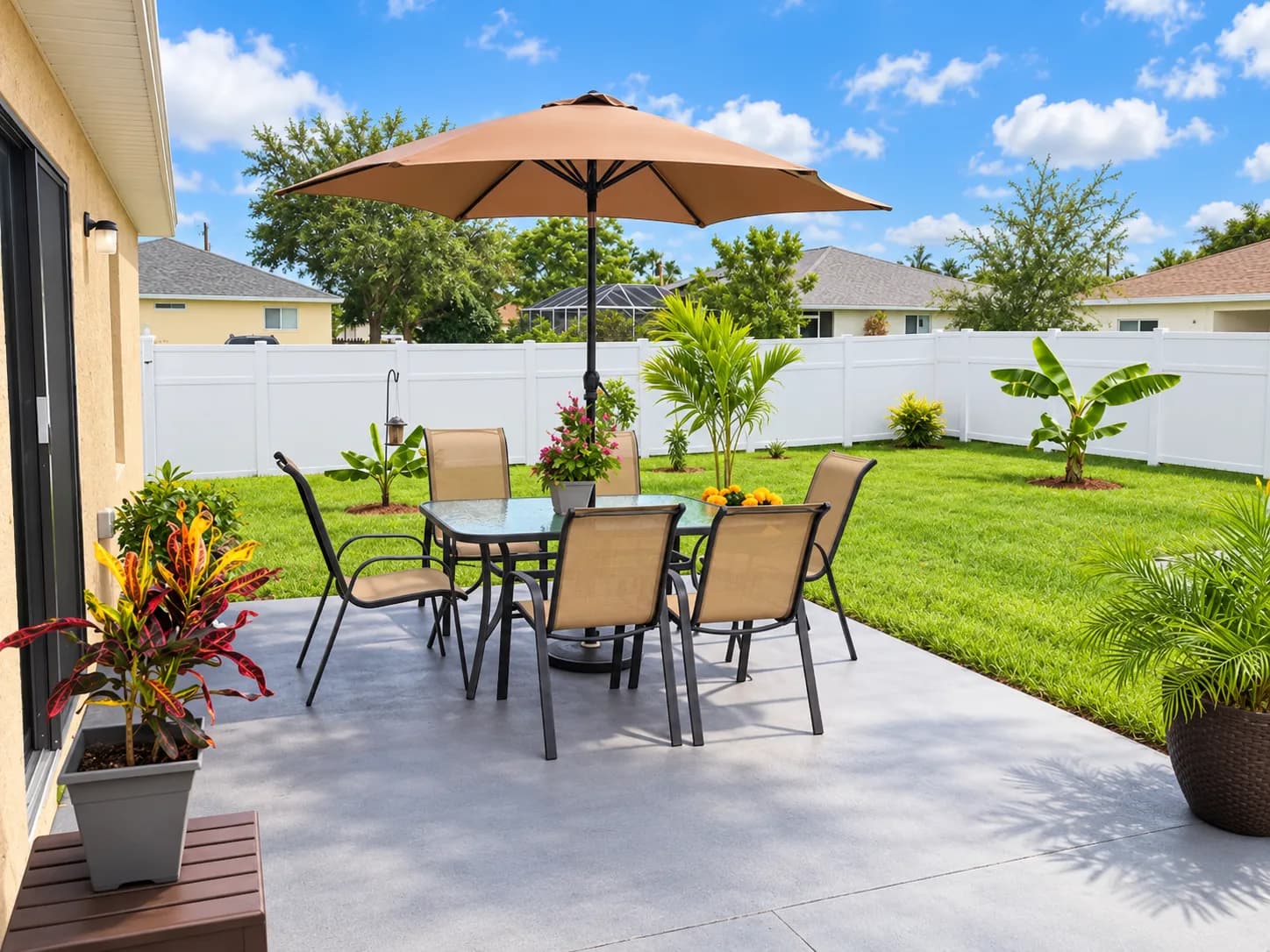 Outdoor patio dining under an umbrella